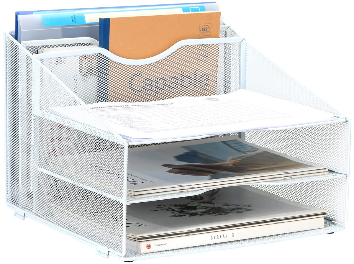 Bureau Organizer A4 - Metalen Mesh Documenthouder met 5 Vakken - Tijdschriftenrek, Brievenhouder & Papieropberger voor Thuis en Kantoor - Ruimtebesparende Opbergstandaard - Wit