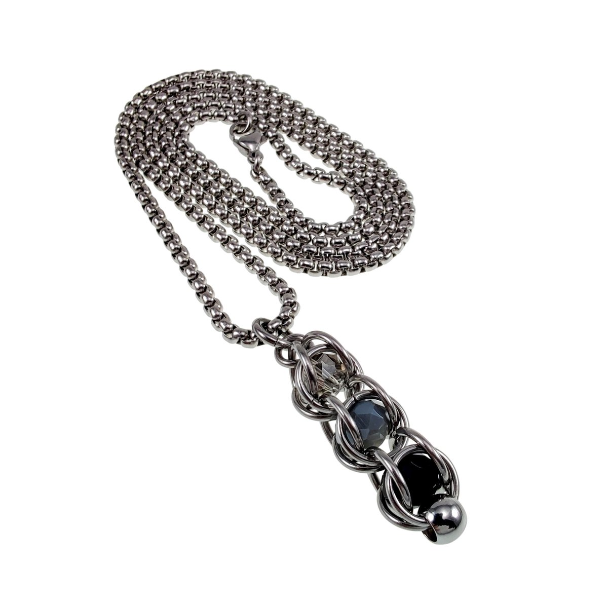 Jasseron-Ketting + Schakelhanger met Grijze en Zwarte Kristallen. Hanger met Ketting 60cm x 3mm, RVS, Dames - Handgemaakt