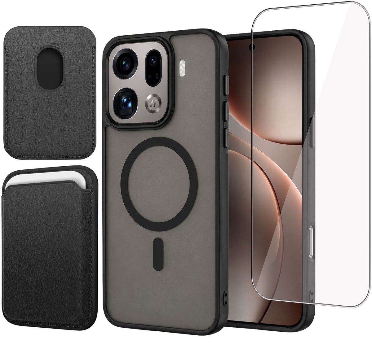Hoesje + Pasjeshouder + Screenprotector geschikt voor OPPO Find X9 Pro - Portemonnee geschikt voor MagSafe - Magnetisch - Pasjes Houder - Creditcardhouder - Zwart