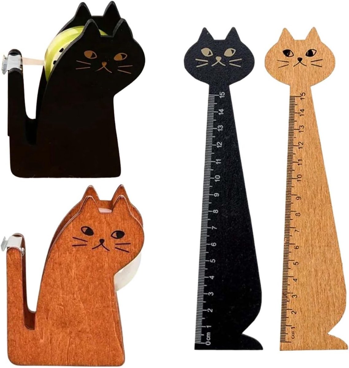 Kattenvorm Tafeldispenser Plakband - Zwart - 5,9 x 3,8 x 8,7 cm - Houten Tape Snijder met Liniaal - Voor Kantoor en School