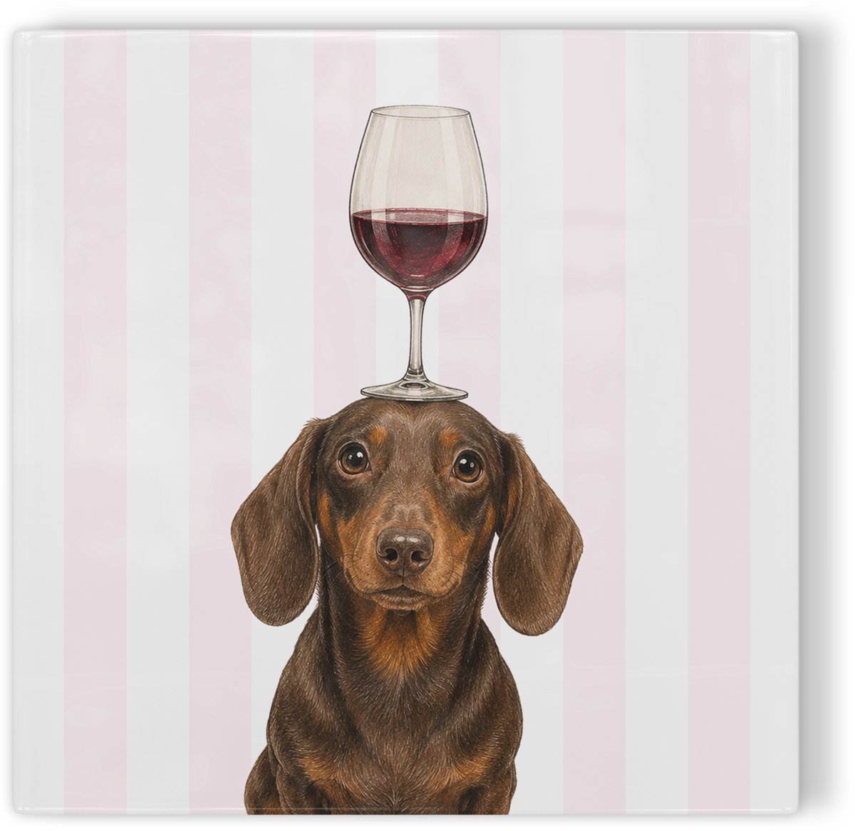 Tegeltje Teckel met wijnglas - roze wit gestreept - tegeltje hond - tegeltje met illustratie