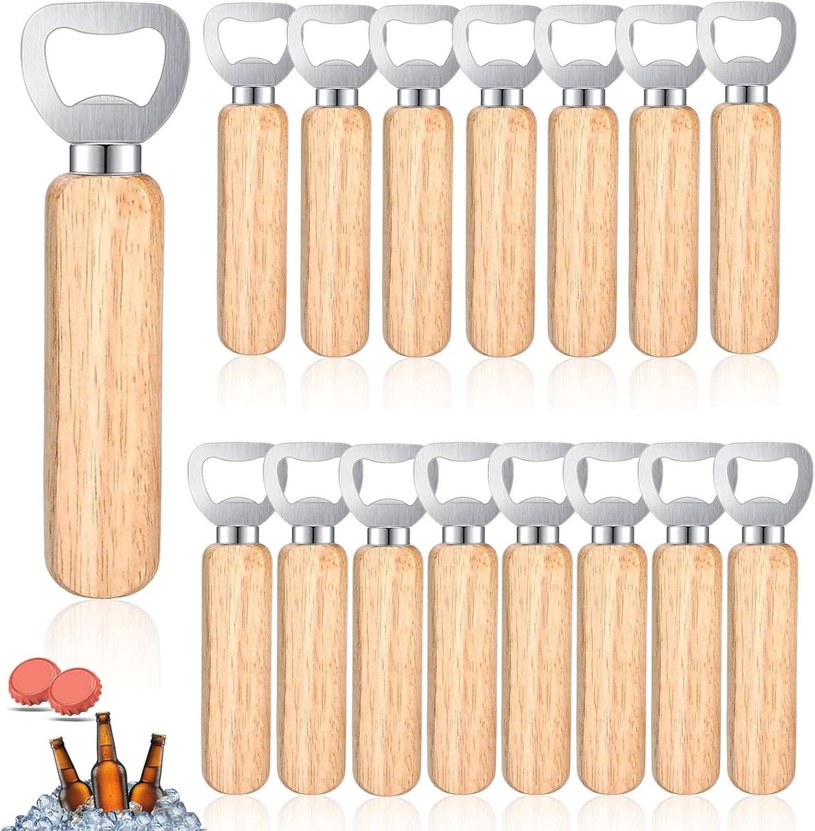 Houten Flesopeners - Hout - 16 Stuks - Duurzaam Roestvrij Staal met Ergonomisch Handvat - Voor Thuis, Keuken en Bar