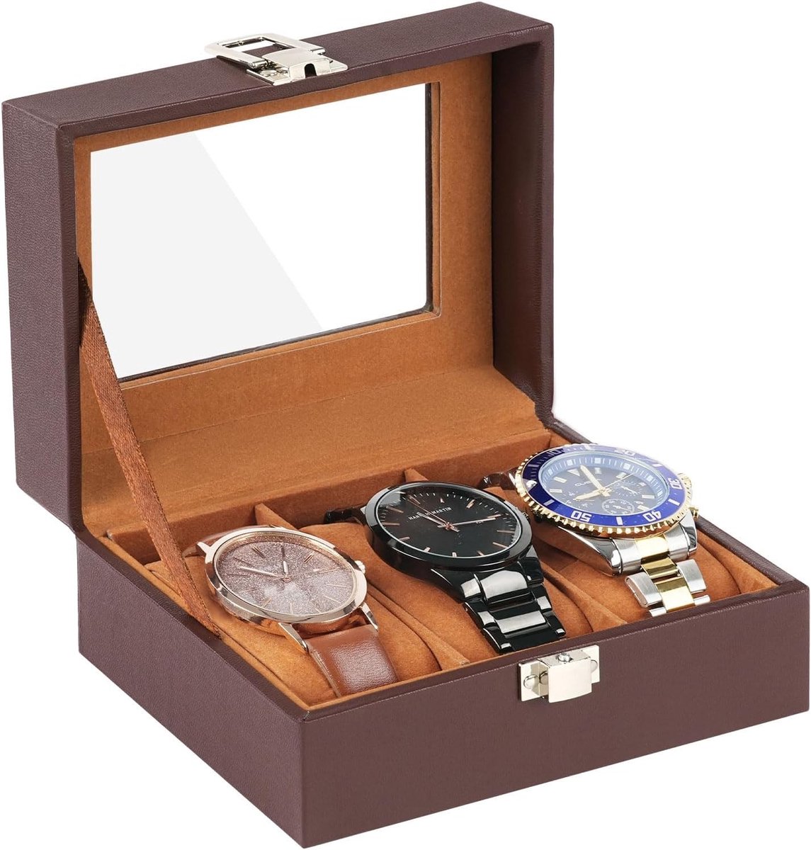 Horlogeopbergdoos met 3 Slots, Glazen Deksel, PU Leren Horloge Display, Voor Sieraden, Armbanden en Bangles (Bruin)