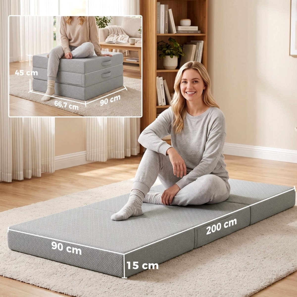 COVREO Klappmatras 200 x 90 x 15 cm lichtgrijs polyester, 3-voudig opvouwbaar