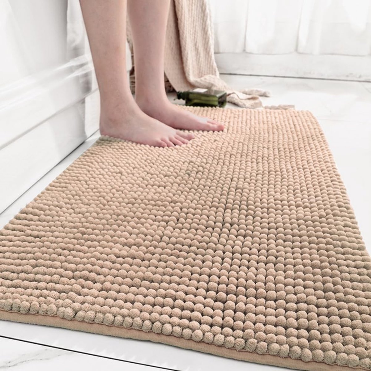 Zachte en Absorberende Badmat van Microfiber en Chenille 40x60cm - Antislip en Machinewasbaar Badkamerkleed in Khaki