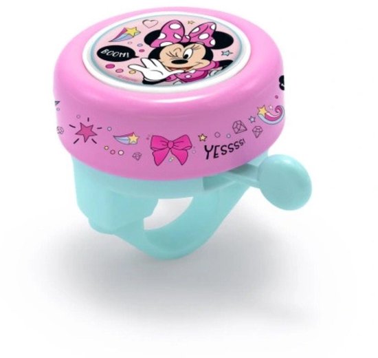 Roze fietsbel met lichtblauwe houder, Minnie Mouse opdruk en de tekst YESSS!