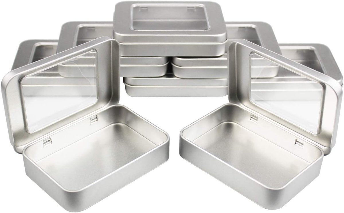 8 Stuks Rechthoekige Metalen Lege Scharniertrommels voor Thuisopslag - Organisatorische Mini Dozen met Doorzichtig Venster, 10 x 7 x 2 cm (Zilver)