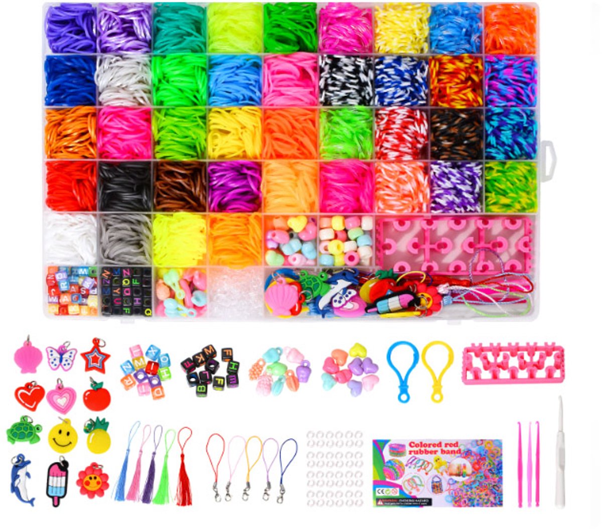 Joya Kids® Loombandjes Starterspakket XL | 40 Kleuren Loombandjes | Loom Bands Knutselset | Inclusief Bedels, Letterkralen, Kralen, S-Haakjes, Loom Haak, Loomplaat & Accessoires | Opbergdoos