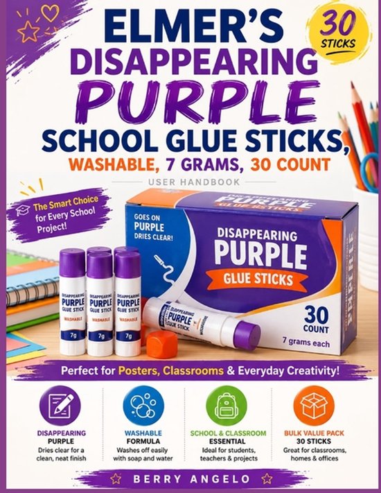 Elmer's Disappearing Purple lijmstickverpakking, 30 sticks, wasbaar, 7 gram per stuk. Paarse sticks die helder opdrogen.