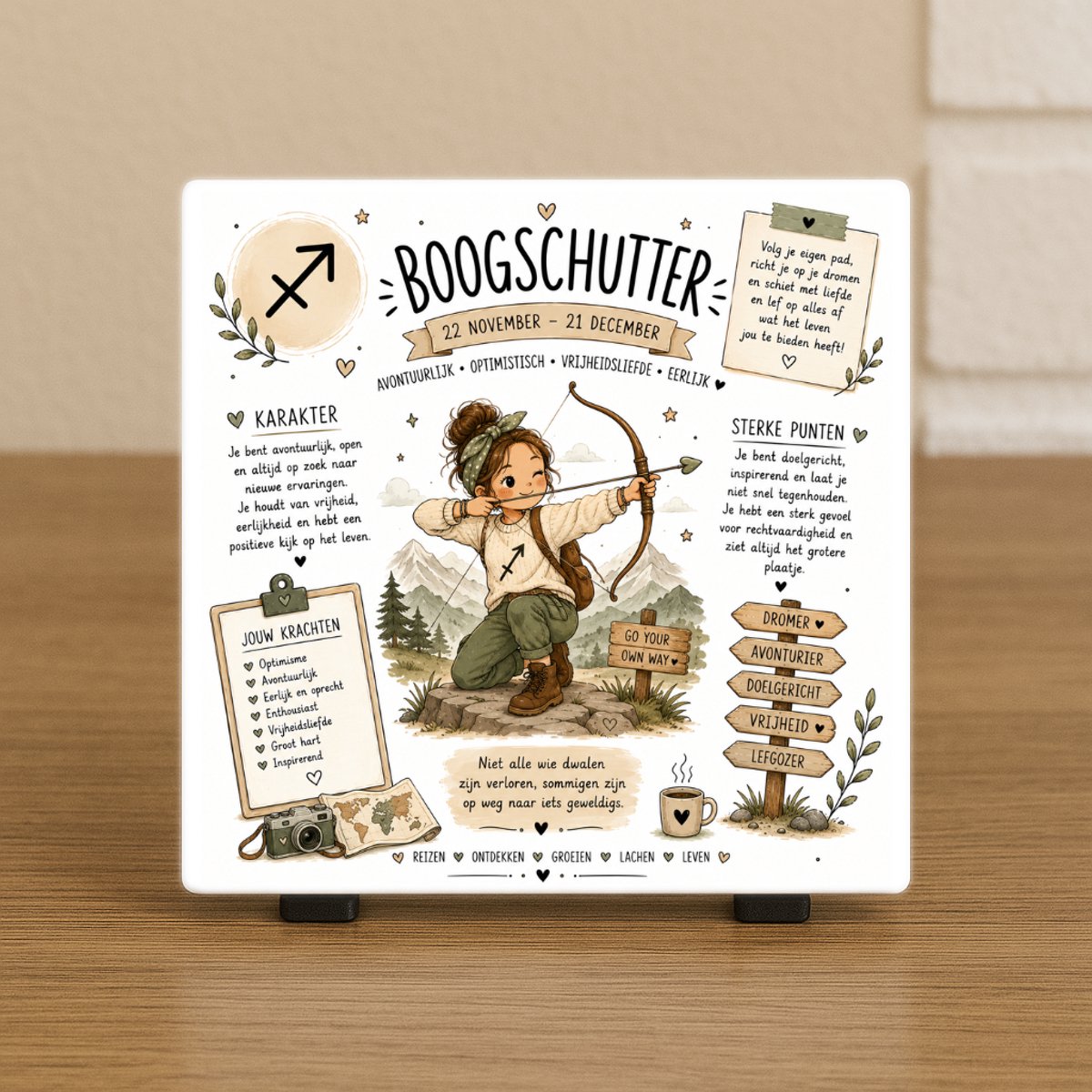 Wenstegeltje "Horoscoop Boogschutter" – Luxe Cadeautegel met Tekst – Perfect Cadeau voor verjaardagen, vriend(in), collega’s - Trendy nu - Keramiek - Zomaar – Cadeau – Incl standaard - Horoscoop
