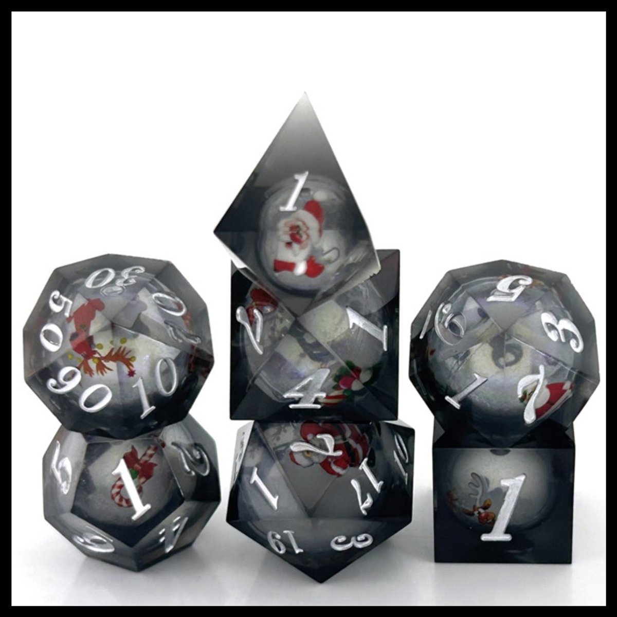 Lapi Toys - Dungeons and Dragons dobbelstenen - D&D dobbelstenen - D&D polydice - 1 set (7 stuks) - Kerst - Sharp edge - Resin - Met kerstfiguren - Inclusief dice bag - Zwart - Transparant