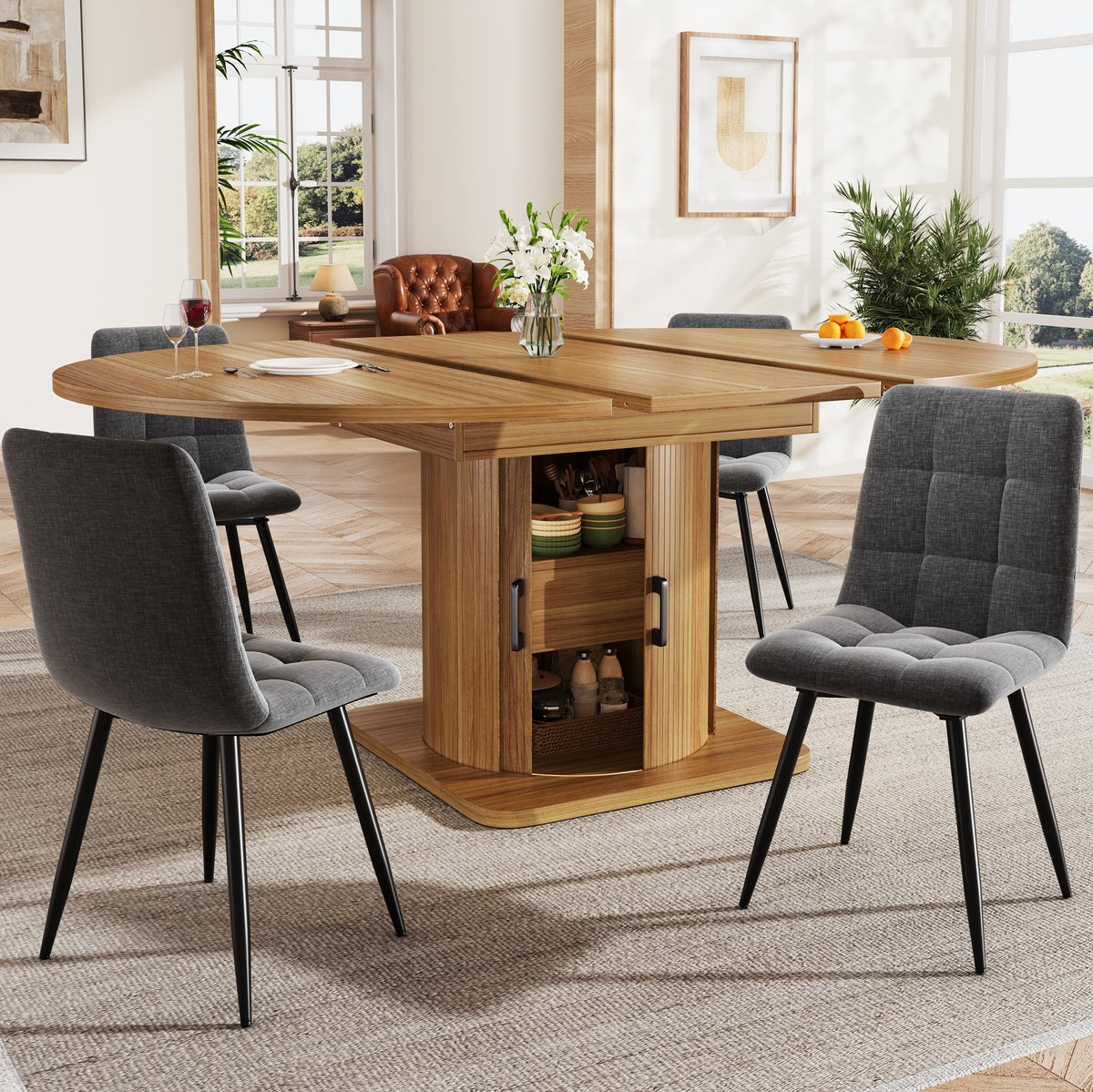 MODFU Uitklapbare Eettafel - 5-Delige Eetkamerset - Modern - 4 Stoelen - Donkerbruin Grijs Zwart