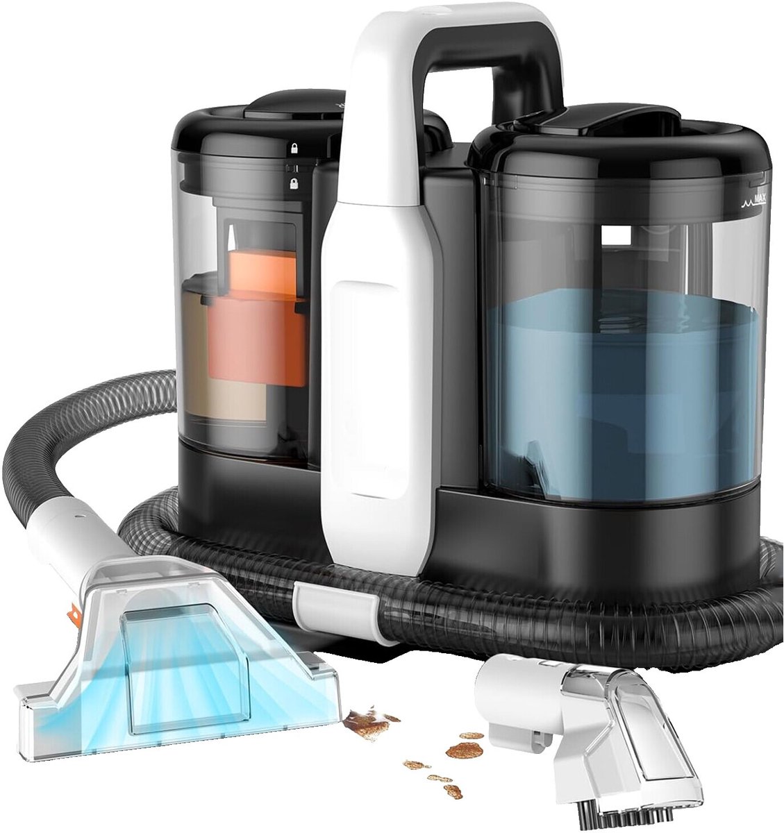 Draagbare Tapijtreiniger - Meubel- en Textielreiniger - 600 W Motor met 15 kPa Zuigkracht - Dubbele Watertank van 1,5 en 0,8 Liter - 1,3 m Slang en 5 m Kabel - Grote en Kleine Borstelkop - Voor Tapijt, Banken, Matrassen en Autostoelen