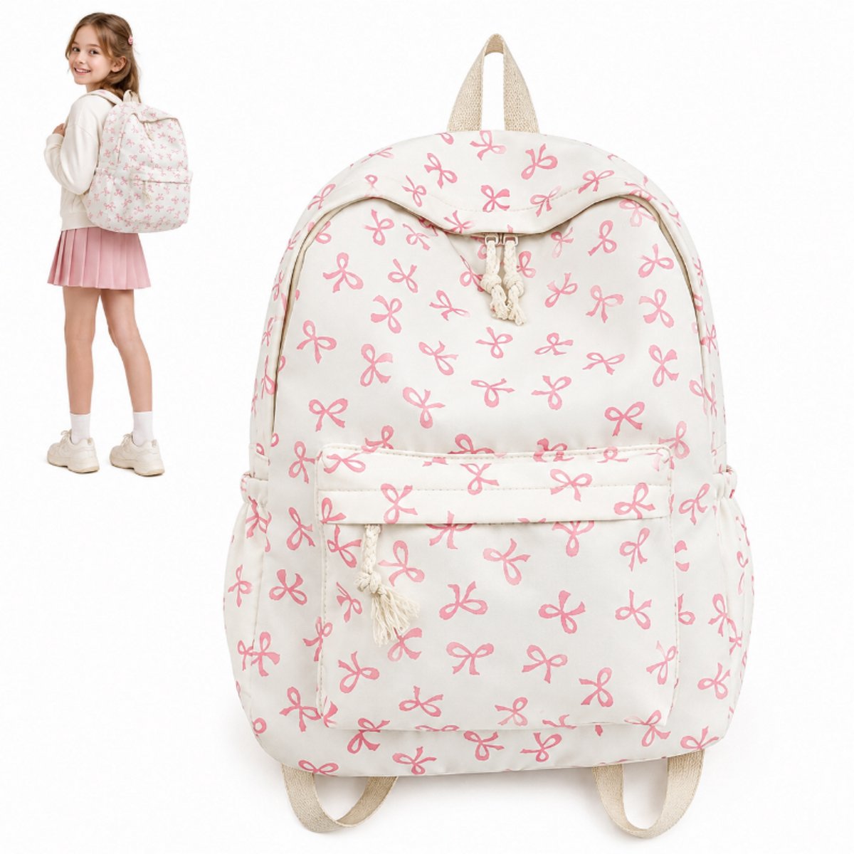 Bobypet - Rugzak - Kawaii Schooltas met Polka Dot en Strik - Waterafstotende Rugzak voor Dames en Tieners - Geschikt voor 14 Inch Laptop - wit
