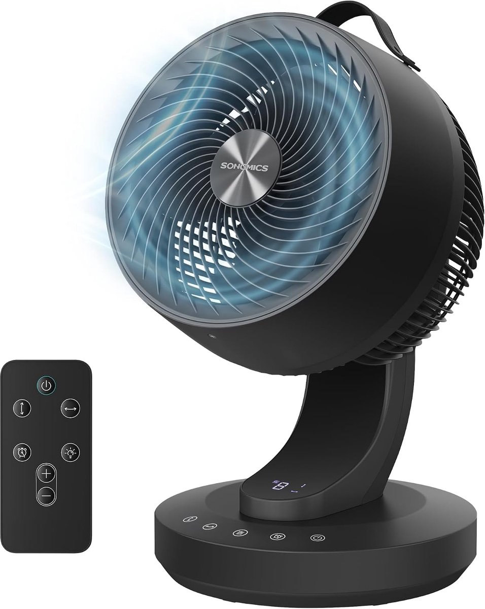 SONGMICS XFC001B1EU Bureauventilator, stil, 20 dB, met afstandsbediening, krachtige luchtcirculatie, 70 graden oscillatie, 8 snelheden, timer 12 uur, inktzwart