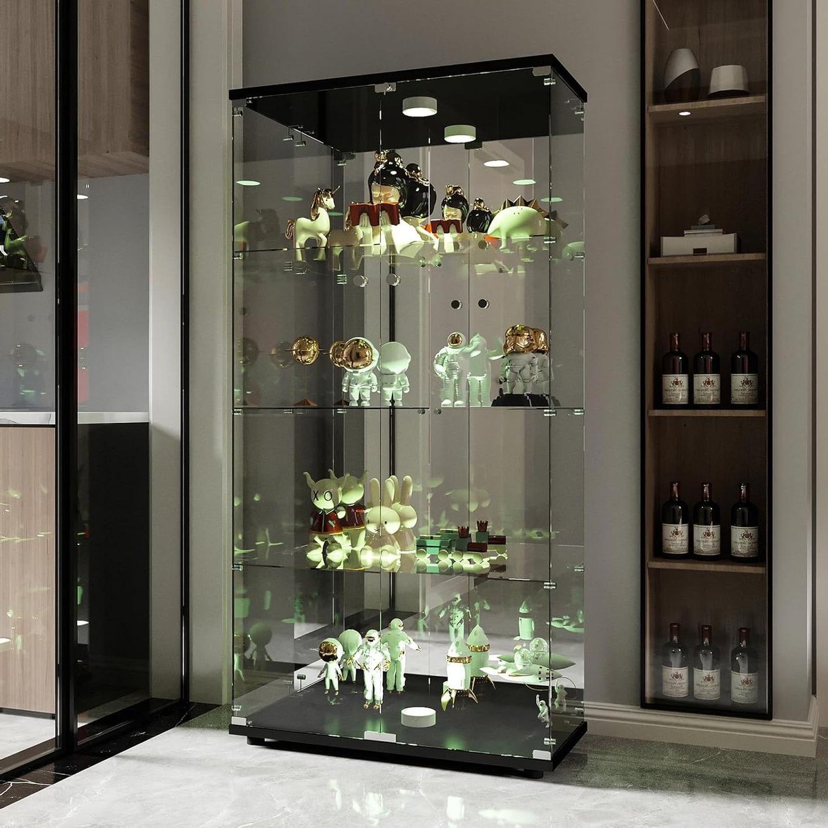Glazen Vitrinekast - Displaykast Collectie - Schatten Presenteren - Met LED en slot - 80x36x164cm - Zwart
