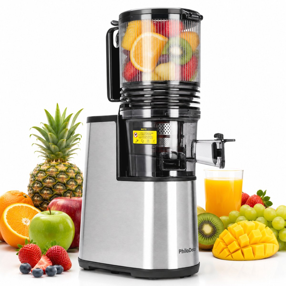 PhiloDeco Slowjuicer - juicer - Koudpers Sapcentrifuge - Langzame Spiraalextractie - 145mm Grote Vulopening - 250W Stille Motor - Sapopbrengst >90% - BPA-vrij Materiaal
