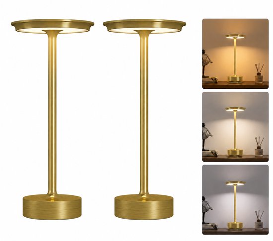 Deux lampes de table dorées sans fil avec abat-jour et base ronds, à côté d'illustrations montrant différentes intensités lumineuses.