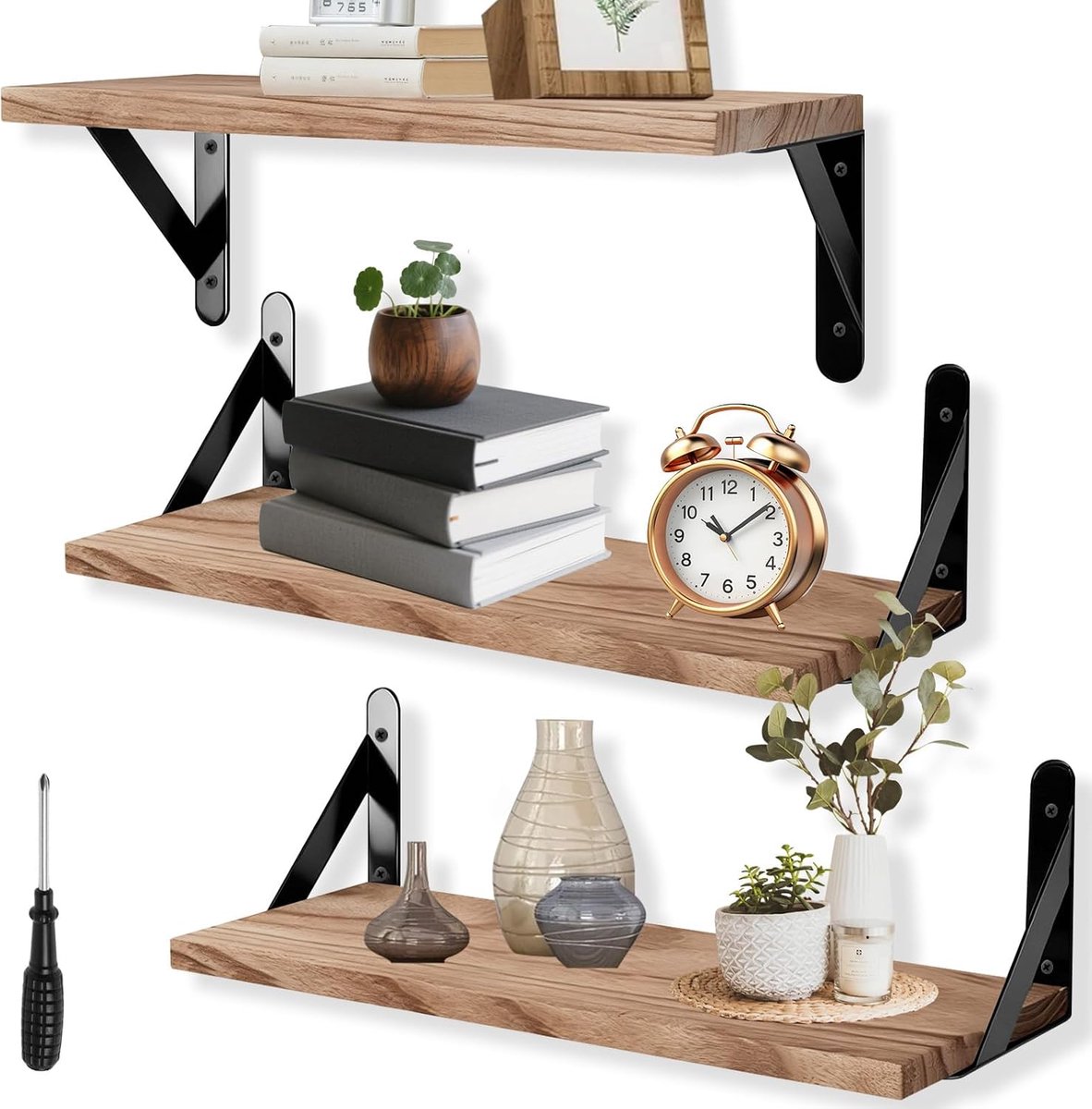 3 stuks zwevend houten wandrek met 6 metalen houders en 1 schroevendraaier, rustiek zwevend rek, hangend rek voor decoratie van woonkamer, slaapkamer, keuken, badkamer en kantoor