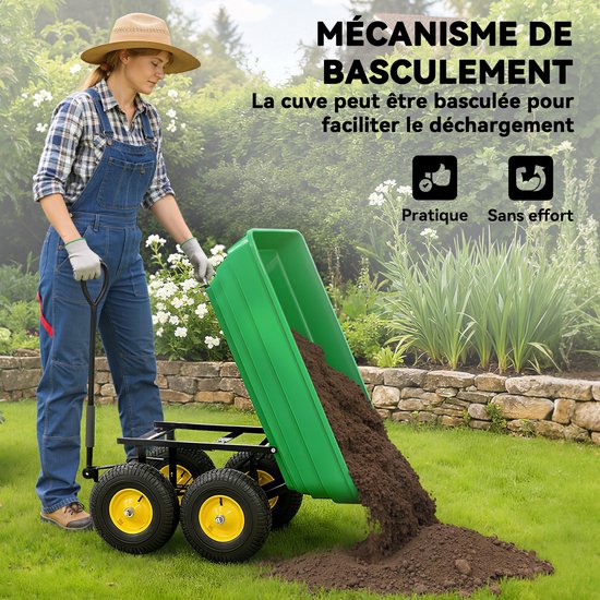 Tuinwagen, handwagen, kantelbaar, 75°, 75 l, max. 200 kg - 4 luchtwielen, PP-staal, geel-groen — afbeelding 3