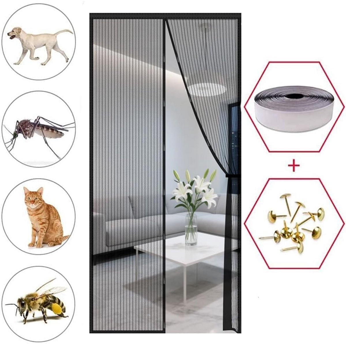 KZQ Magnetische Muggenhor Deur - 90x210cm - Zwart - Zelfklevend Zonder Boren - Incl Magneten - Geschikt Voor Balkon Terras En Woonkamer - 1 Stuk