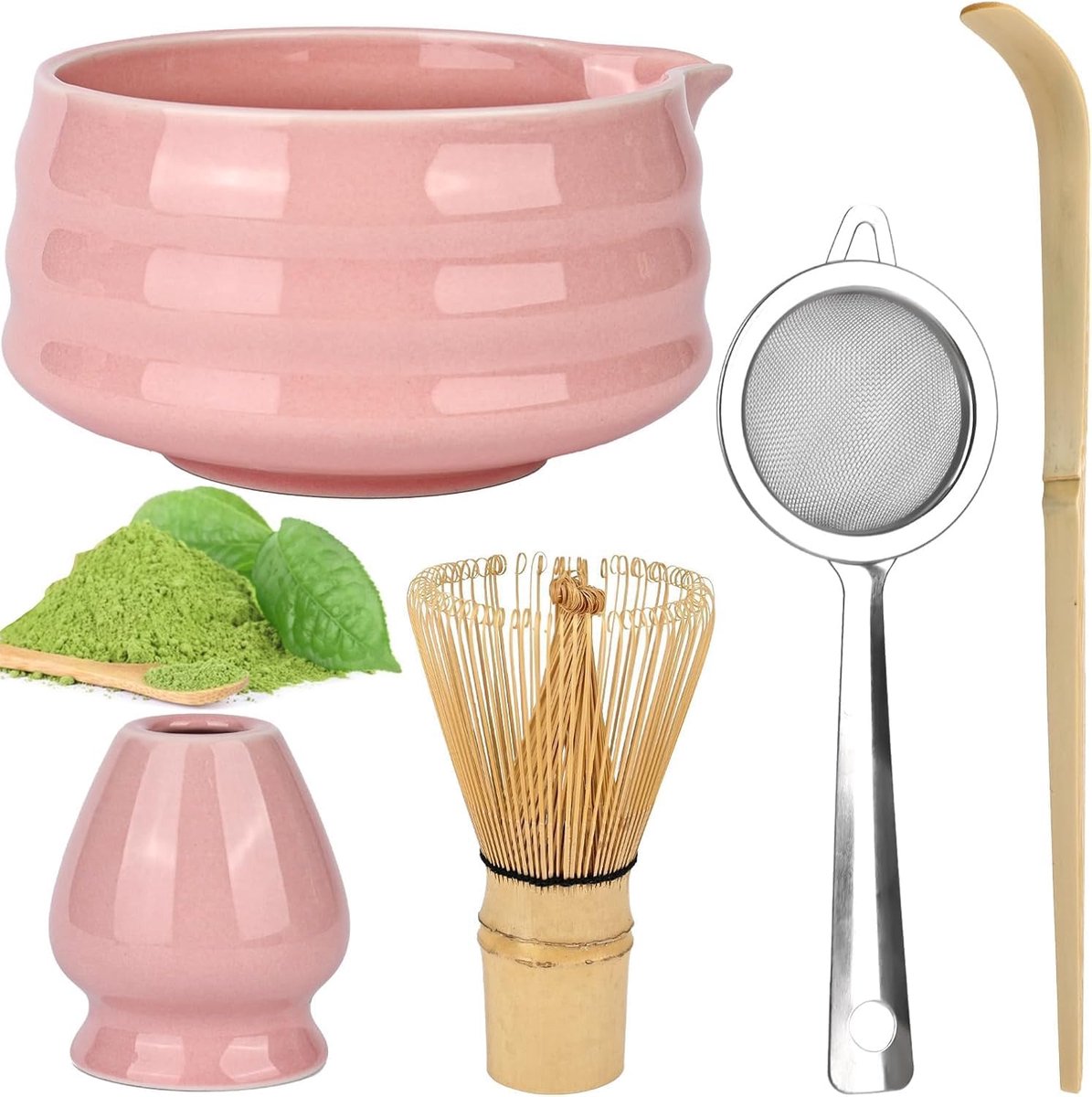 matcha-roerset, matcha-kom met schenktuit, bamboe matcha-roerder en standaard, bamboe matcha-lepel, theelepel, 5-delige set voor theeliefhebbers