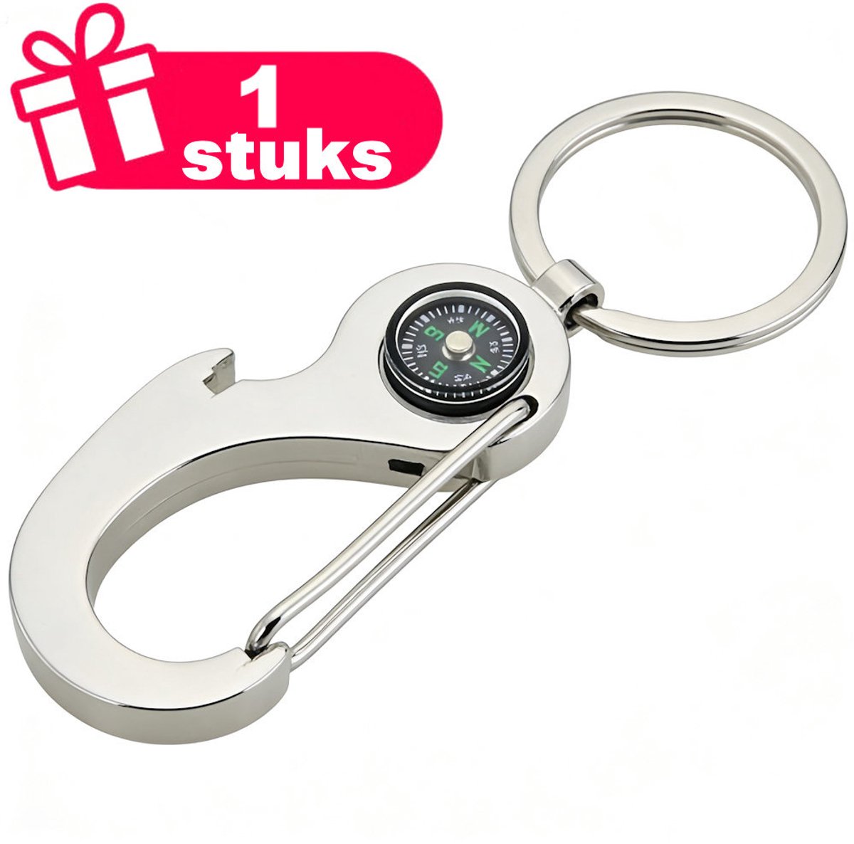 Decopatent - Premium Keychain - Karabijnhaak Sleutelhanger met Kompas - Metalen Sleutelhanger - Zilver - Outdoor Karabiner - Survival Accessoire - Cadeau voor Wandelaars & Kampeerders