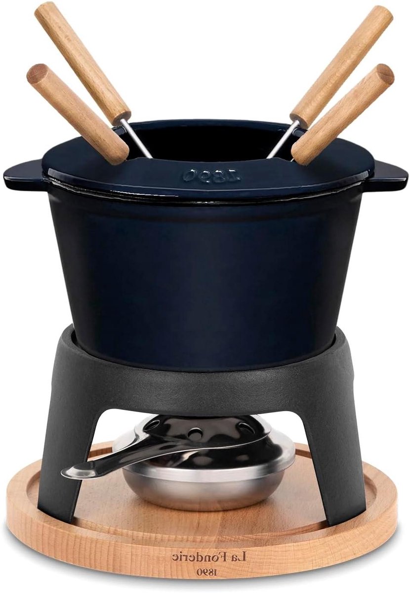 Fondueset Gietijzer - Kaasfondue Chocoladefondue - Gezellig Tafelen - Gelijkmatige Warmteverdeling - 12 Liter - Zwart
