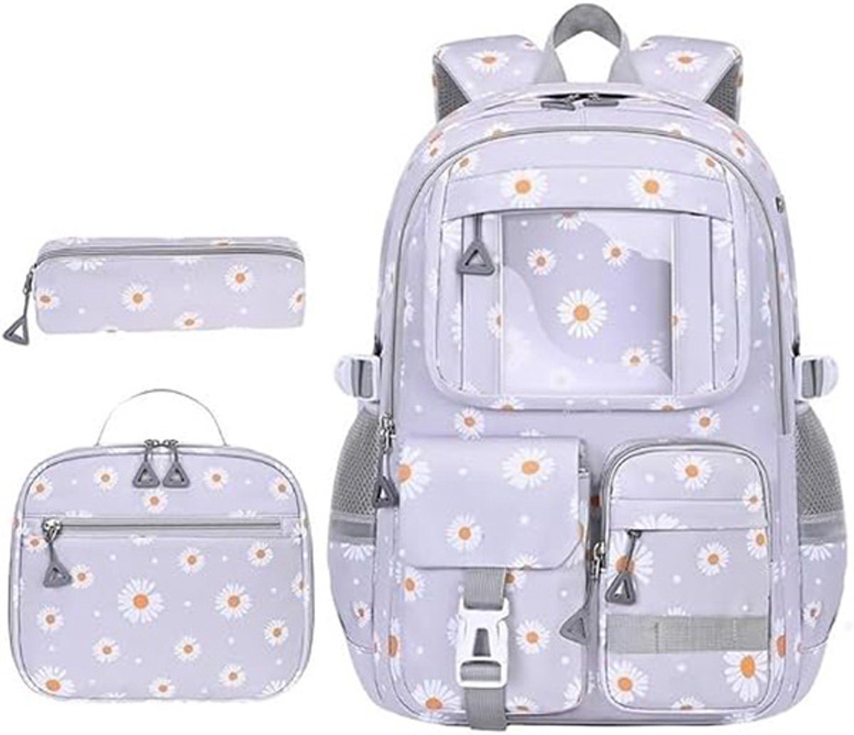 Reisrugzak - Schoolrugzak - Schattige Rugzakset van 3-in‑1 - Waterbestendig Nylon - met Lunchdoos en Pennenblok - voor Laptop, Reizen en Dagelijks Gebruik - Grijs