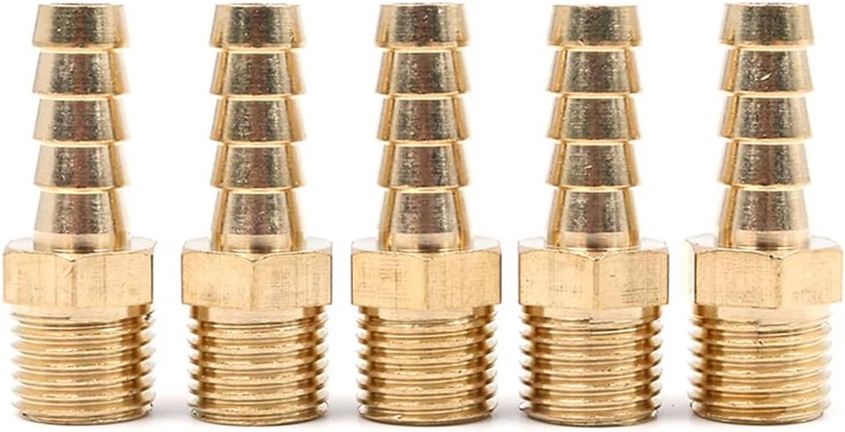 5 stuks 8 mm op 1/4 inch BSP van massief messing, eindstukconnector met stekelschroefdraad BSP, adapter voor vijverslang/zwembad/slang, 5 stuks