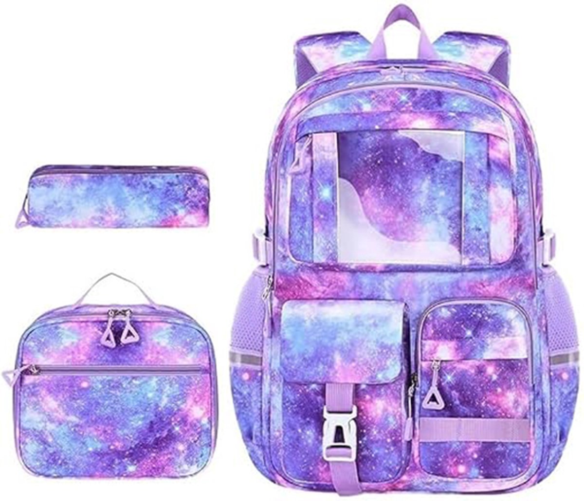 Reisrugzak - Schoolrugzak - Rugzakset - 3-in-1 - Waterdicht - Nylon - met Lunchbox en Pennenzak - voor School, Reizen en Laptop - Paars