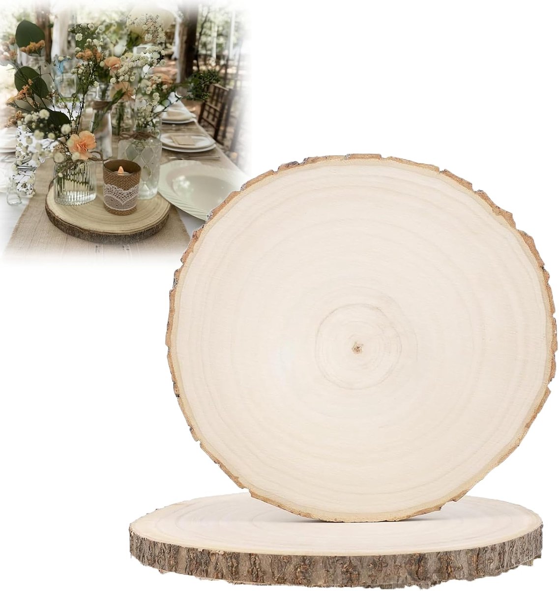 Houten schijven met een diameter van 30-35 cm, ronde boomschijven, 1,5 cm dik, voor bruiloft, tafeldecoratie, kerstdecoratie, knutselen, kerstornamenten, doe-het-zelf handwerk, 2 stuks