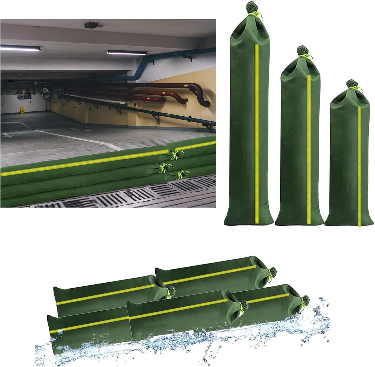 4 zandzakken met reflecterende strepen ter bescherming tegen overstromingen, 150 x 20 cm, zeil voor huis, winkel, garage, tuin