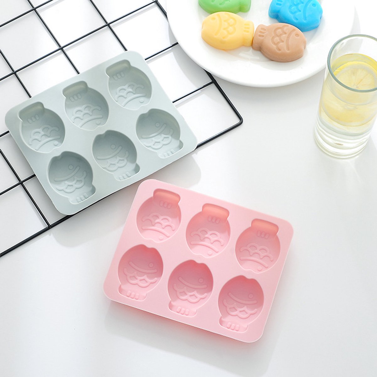 2-delige visvormige siliconen bakvormenset – Herbruikbare bakvormen, geschikt voor het maken van muffins, chocolade, enz., bakaccessoires,Grijs + Roze