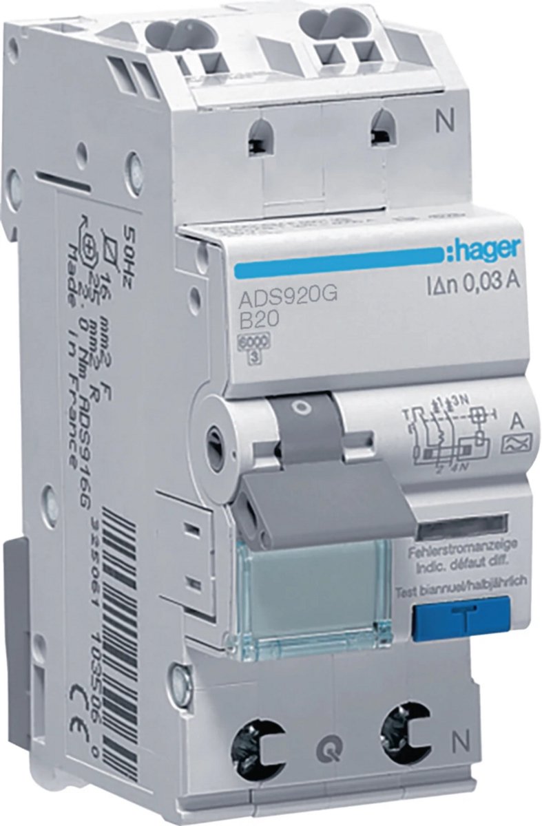Hager aardlekautomaat B20 30mA 1P+N 6kA quickconnect (ADS920G)