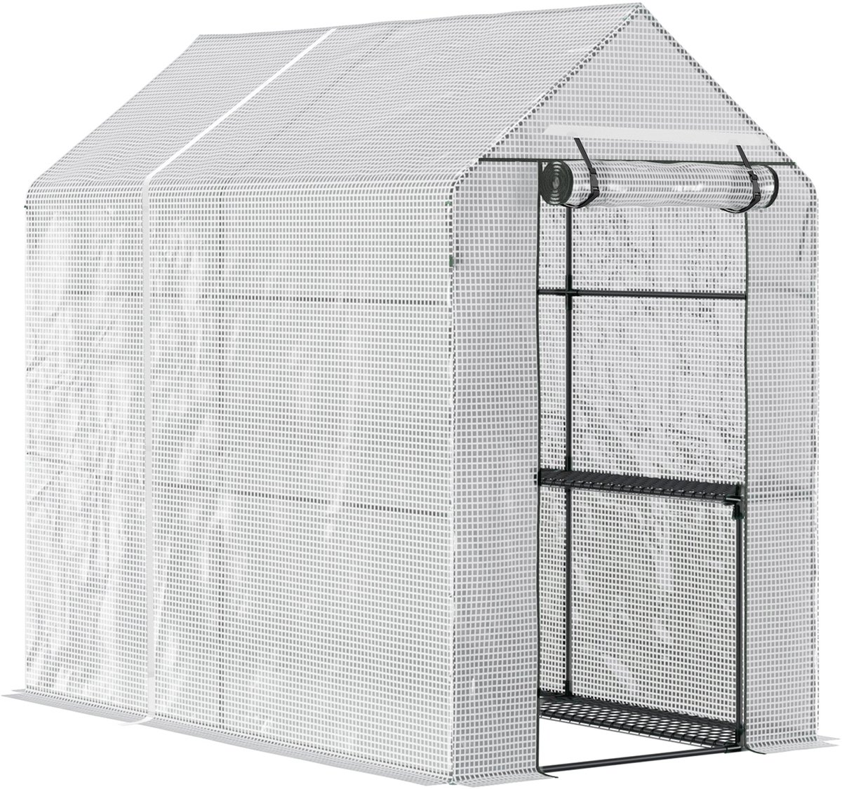 Tuinbroeikas van PE met 2-legplank, geschikt voor balkon, versterkt zeil 140 g/m², stalen frame, met ritssluiter