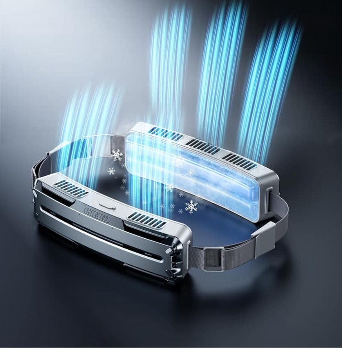 Mini-ventilator, opvouwbaar en draagbaar, 5500 mAh, grijs, geschikt voor gebruik buitenshuis en in ruimtes met airconditioning, met led-display en koelfunctie.