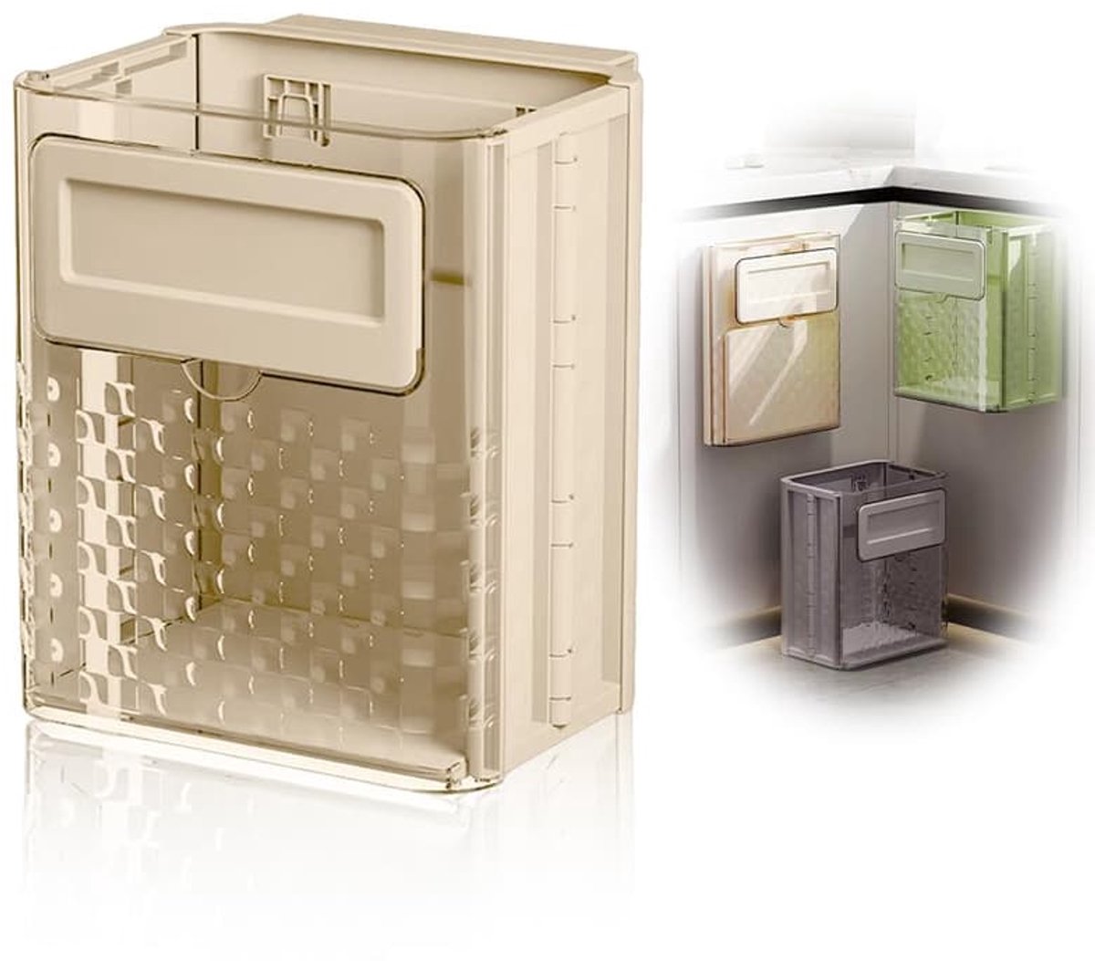Opvouwbare hangende prullenbak, geschikt voor keukenkastjes/auto's/slaapkamers/badkamers. Kleine opvouwbare hangende plastic prullenbak (gebroken wit).