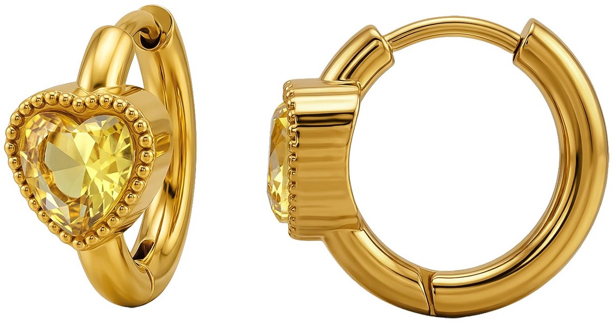 Joy Ibiza - hartje oorbellen - hartjes oorringen met gele zirkonia - 16 mm met klap scharnier sluiting - chirurgisch staal - ear party boho - bohemian style - ip/pvd goldplated t03