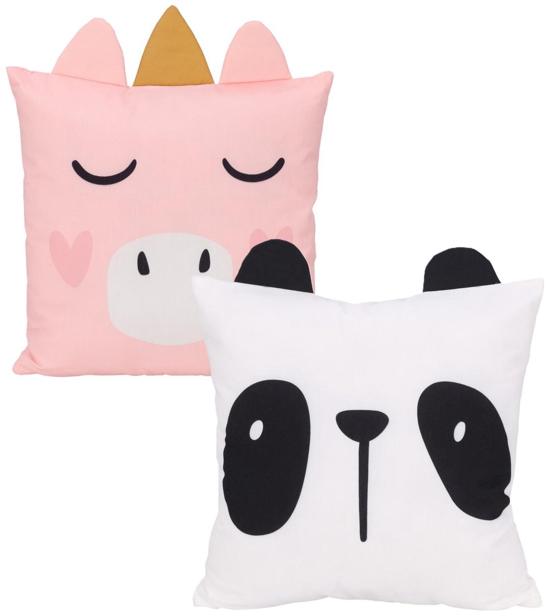 Home & Styling Dieren sierkussen set - 2x - kinderkamer - Panda en eenhoorn - 40 x 40 cm - polyester
