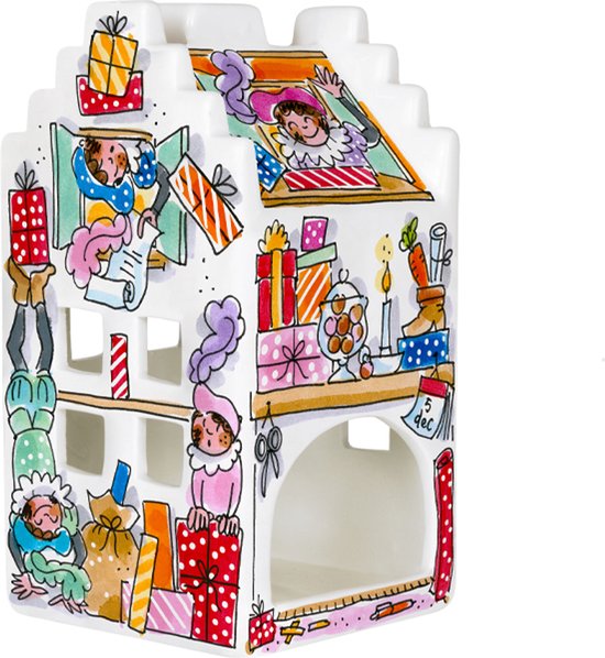 Maison de Noël blanche sur le thème de Sinterklaas, décorée de pieten, cadeaux et un calendrier avec '5 déc'.