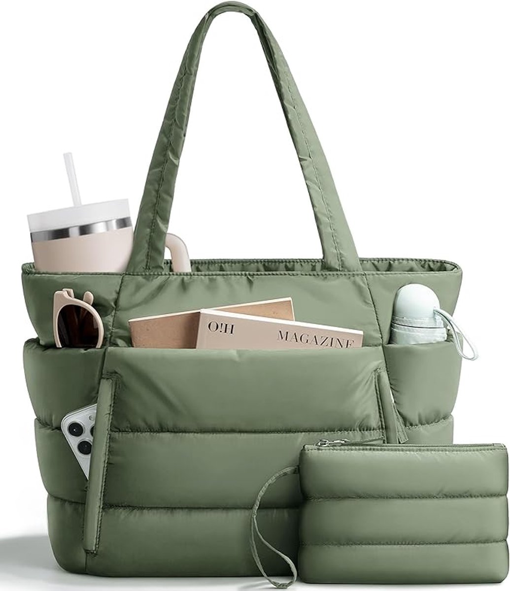 Puffer Tote Bag voor Dames - Lichtgewicht Donzige Schouderhandtas - Met Afneembaar Klein Tasje & Handig Laptopvak - Incl. Trolley Sleeve voor Reizen - Voor Kantoor, Woon-werkverkeer & Dagelijks Gebruik - Donkergroen