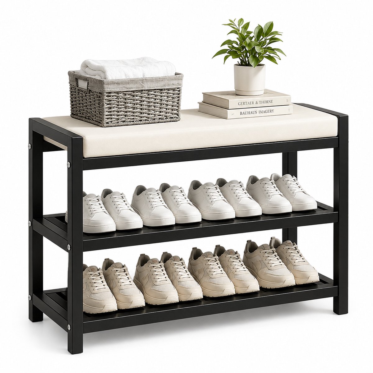 Home & Beyond® Schoenenbank met Schoenenrek - Opbergbank met Zitkussen - Entreebank voor Hal en Slaapkamer - Metalen Frame - Zwart - 80x25x43 cm