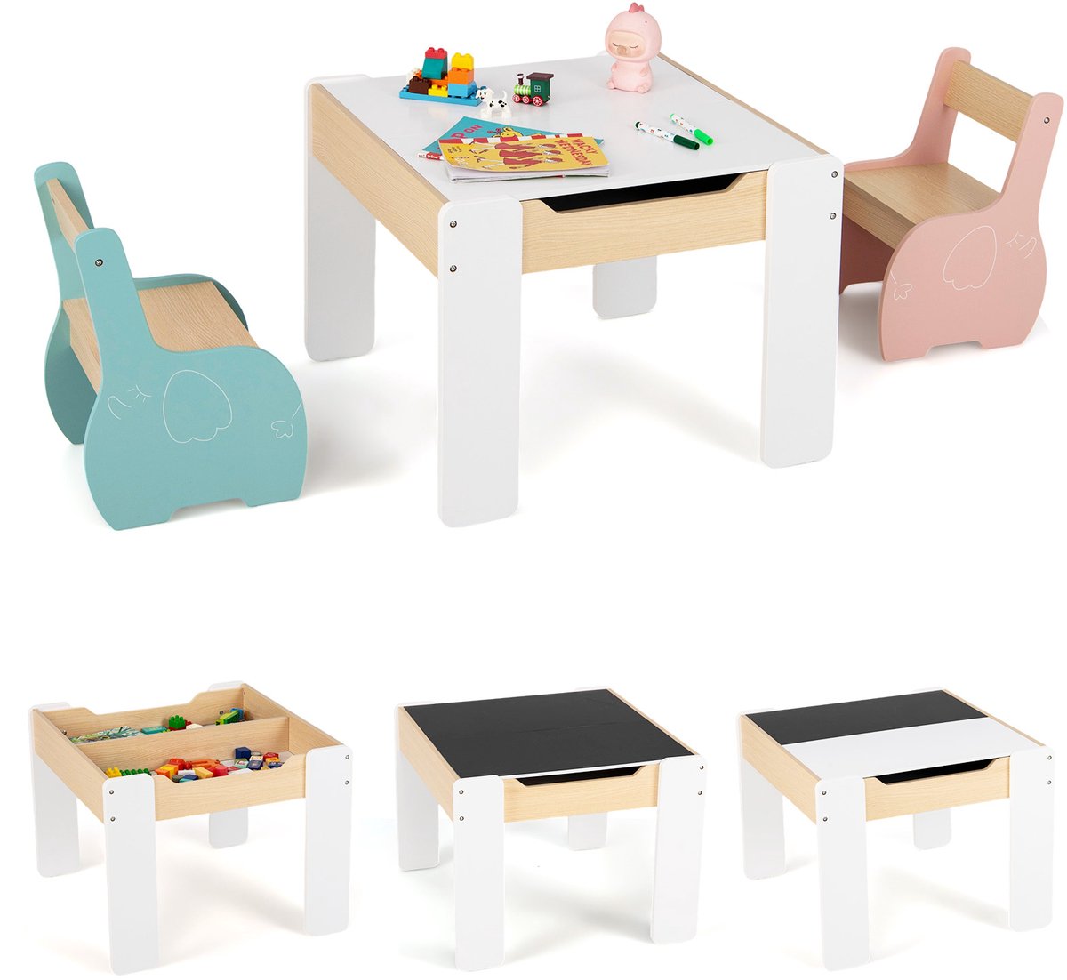 COSTWAY Kindertafel met 2 stoelen, 3-delige kinderzitgroep van hout met omkeerbaar en afneembaar tafelblad, schildertafel voor kinderen met opbergruimte, kindermeubel, zitgroep voor kinderen vanaf 3
