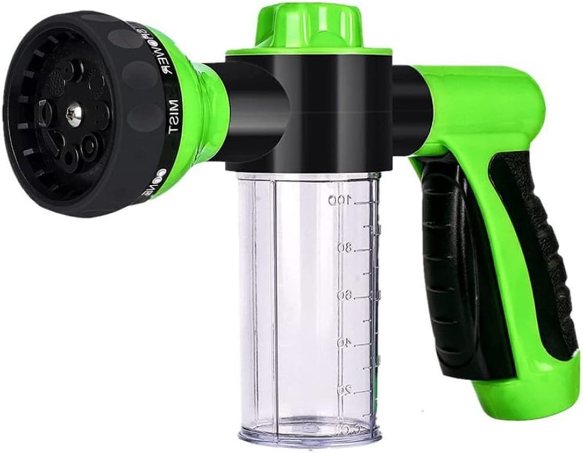 Tuinslangpistool - Schuimspuitmondstuk voor Tuinslang - 8 Spuitstanden met Zeepreservoir - voor Autowassen, Dierenverzorging en Planten
