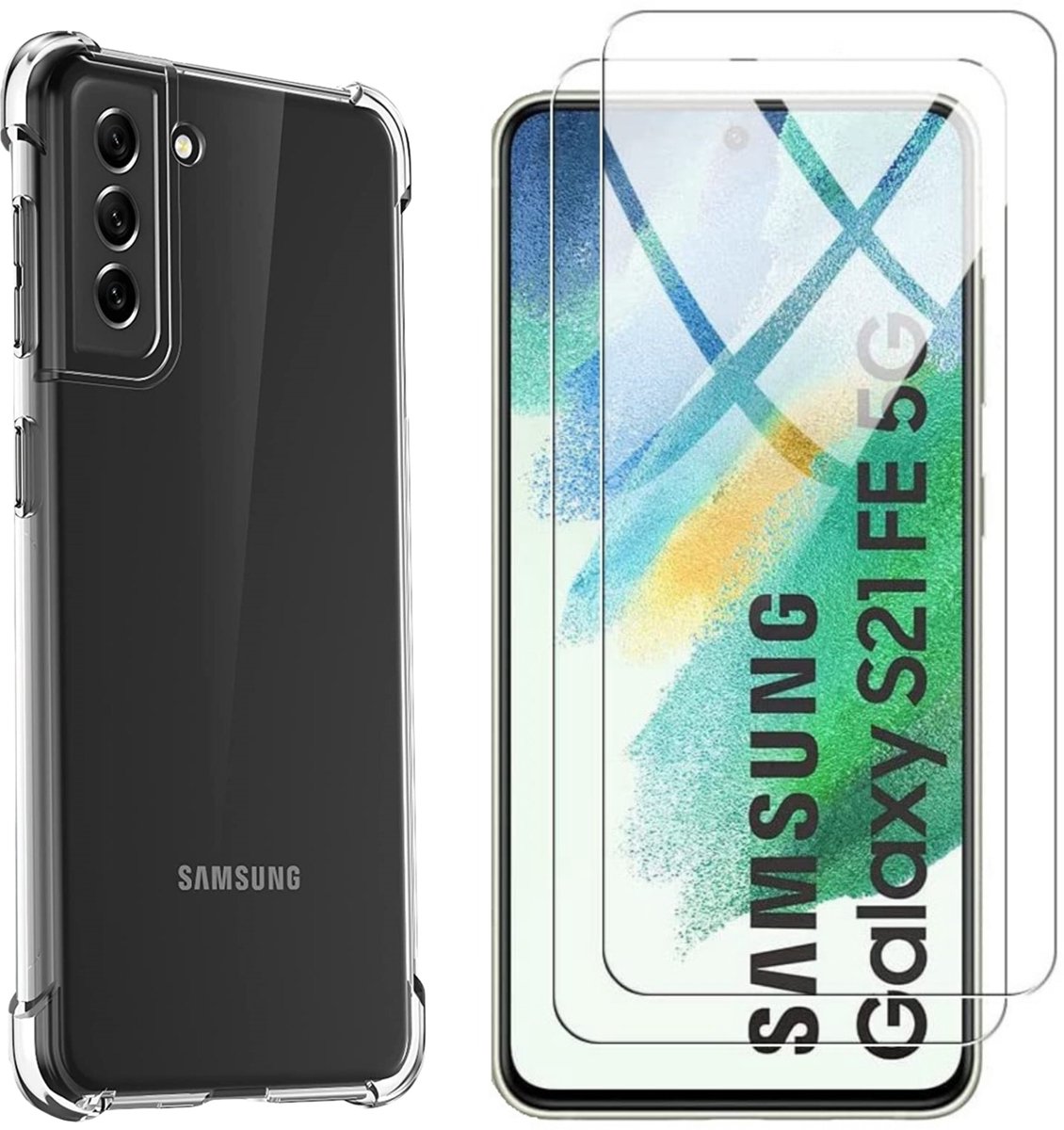Hoesje geschikt voor Samsung Galaxy S21 FE backcover Shockproof siliconen Transparant en 2 stuks Screenprotector Gehard Glas