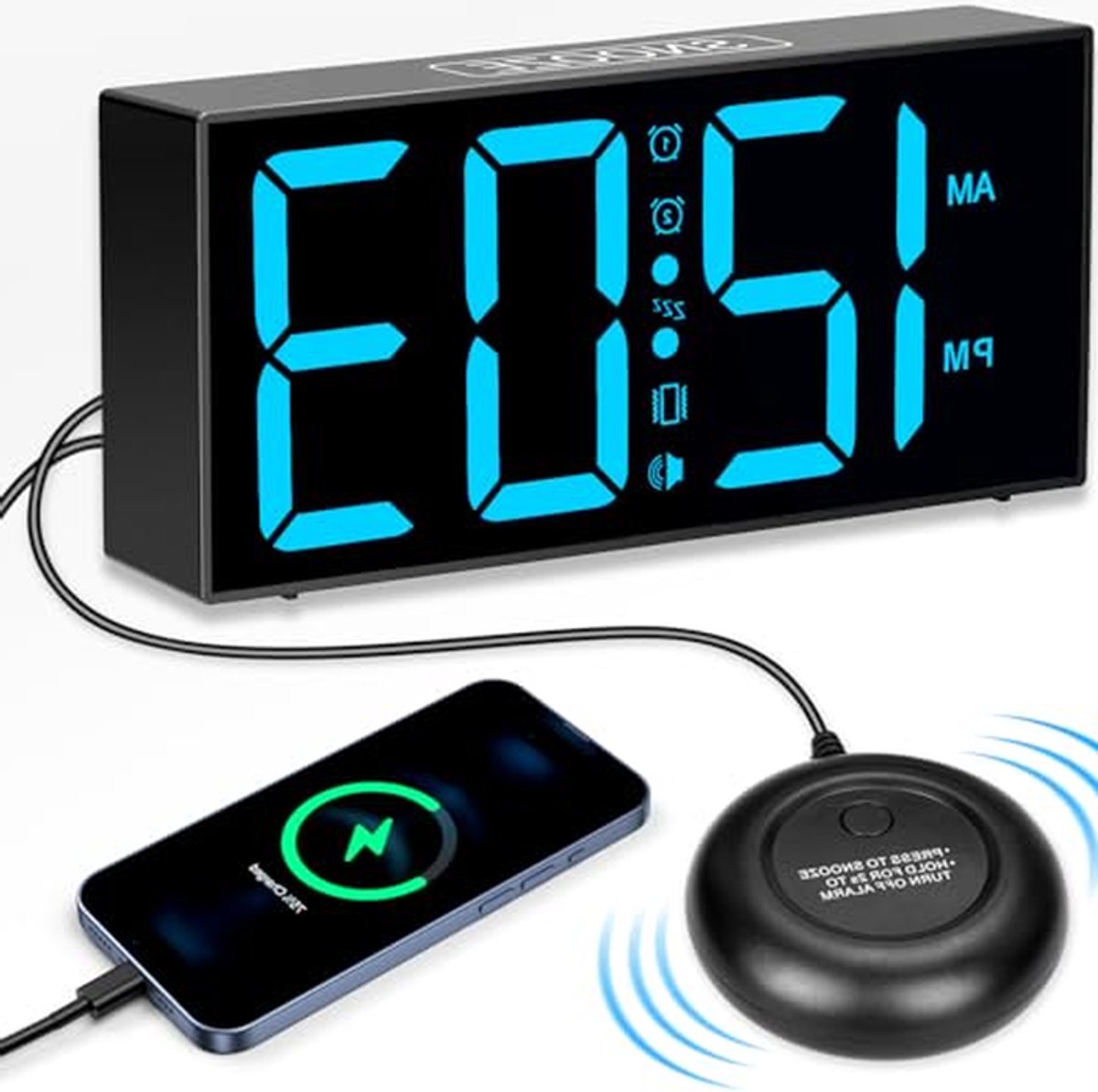 Digitale Wekker - Nachtkastwekker Trilling - Zeker Waken - Krachtige Vibratie - 7.4 inch Scherm - Zwart