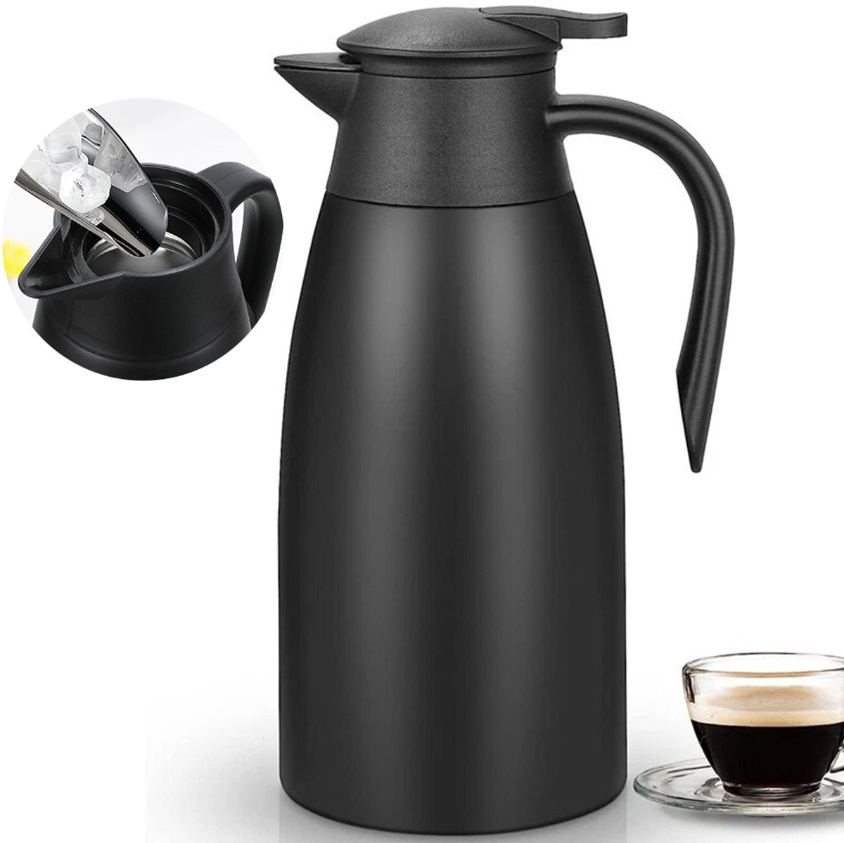 Dubbelwandige thermosfles - 2 liter - Geïsoleerde koffiekan - Geïsoleerde thermosfles - Roestvrij staal - Geschikt voor koffie en thee - Geschikt voor zowel warme als koude dranken - Zwart