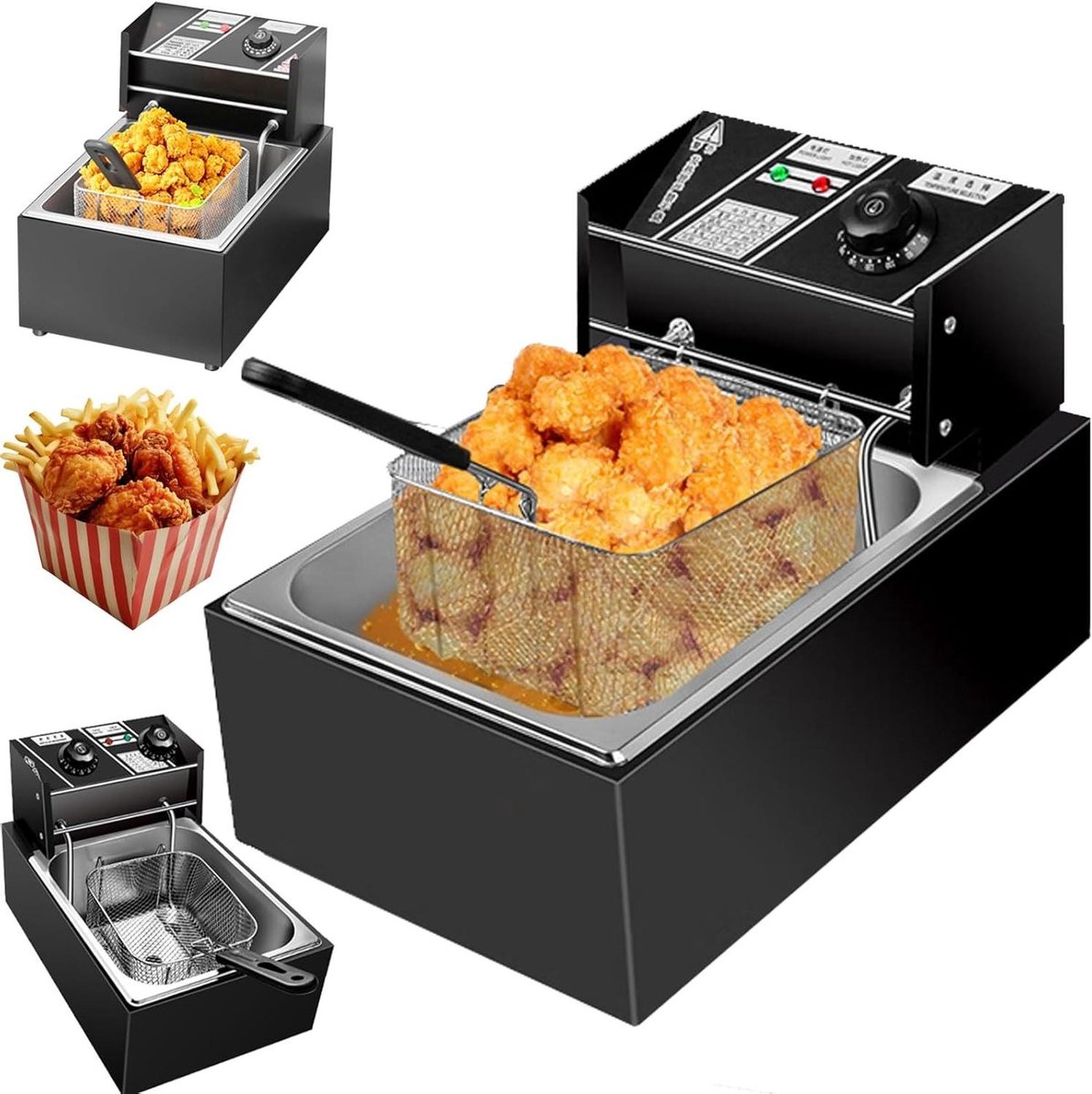 Elektrische Frituurpan - Friteuse met Mand - Thuis Frituren - Dubbele Manden - 10L Inhoud - Zilver