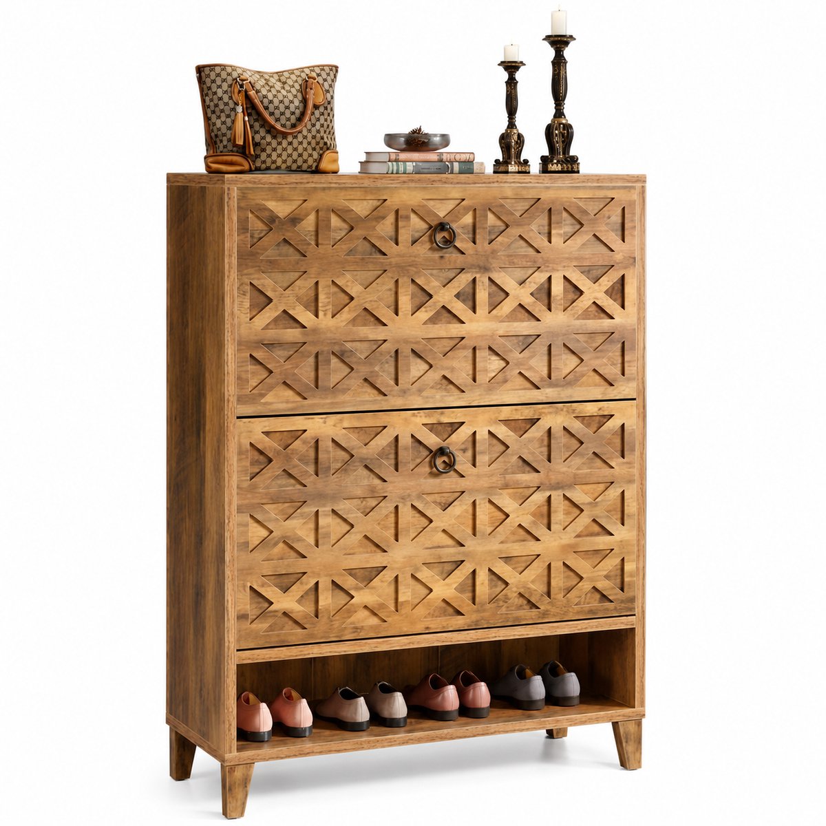 Home & Beyond® Schoenenkast - Smalle Schoenenopberger - Schoenenrek Hal - Vrijstaande Opbergkast met 2 Kleplades en Open Vak - Rustiek Bruin - 80x24x110 cm
